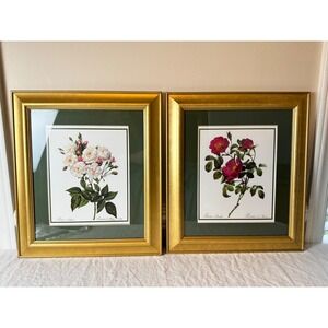 Vintage Botanical Rose Prints Set 2 Gold Framed Floral Wall Art Cottagecore 80s